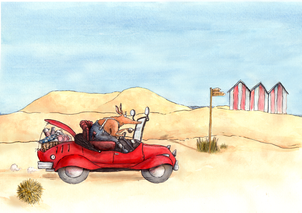 coyotee, picnic, auto,watercolour, children book, beach, day on the beach, strand, picknick, Affe,Aquarell, Eva Bergstrom, illustratie kinderboek